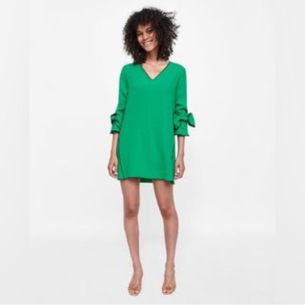 Zara Green Mini Dress with Bow Sleeves